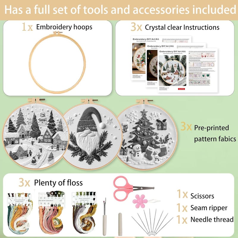 Ohcol 3 Sets Christmas Embroidery Kit,Cross Stitch Kits for Beginners,Needlepoint Kits for Adults with Easy Floral Pattern Hand Crafts,Hoop,Needle - Image 4